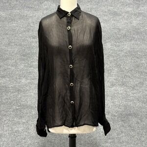 Fashion Passport Shirt Womens Large Black Sheer Button Front Long Sleeve Top